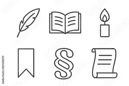 Story Elements Icons. Line style icons of Story Elements: quill pen, open book, candle flame, bookmark, paragraph line, narrative