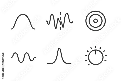 Sound Design Icons. Line style icons of Sound Design: frequency curve, wave cut, echo dot, resonance path, tone line, mod knob. No
