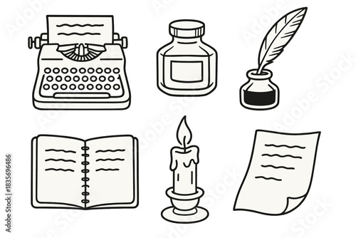 Written Soul Icons. Line style icons of Written Soul — typewriters, ink bottles, paper textures, storytelling lines: typewriter,