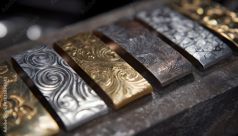 Fototapeta premium Detailed medium angle view of matte electroplated jewelry parts displaying subtle elegant metal finishes with artistic patterns