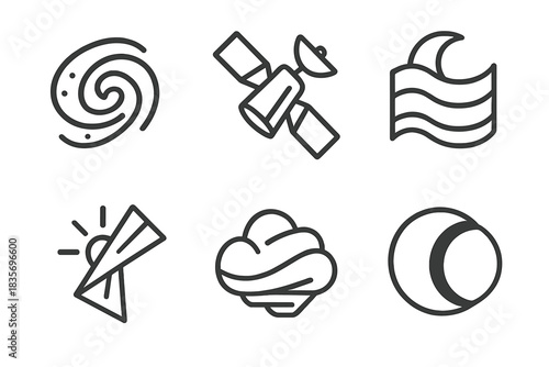 Astral Fold Icons. Line style icons of Astral Folds: twisted galaxy, bent satellite, layered moonlight, creased ray, folded cloud,
