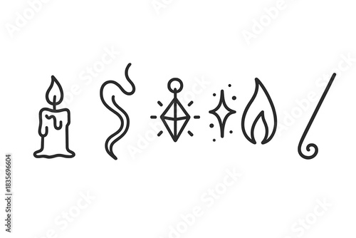 Subtle Magic Icons. Line style icons of Subtle Magic: melting candle, drifting smoke, glowing charm, floating spark, gentle flame,