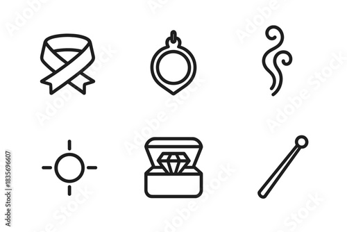 Mystical Line Icons. Line style icons of Hidden Charms: folded ribbon, tiny amulet, curling smoke, faint light, secret gem, still