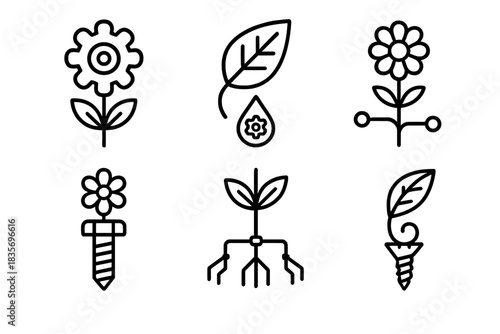 Botanical Engineering Icons. Line style icons of Botanical Engineering: cog flower, hydraulic leaf, wired stem, blooming bolt,
