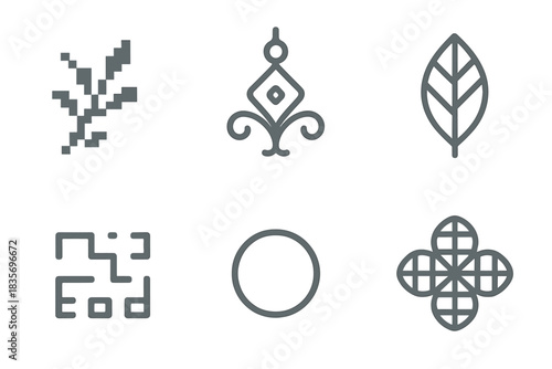 Line Style Icons. Line style icons of Modern Tradition: pixel vine, neon ornament, geometric leaf, coded motif, glowing circle,