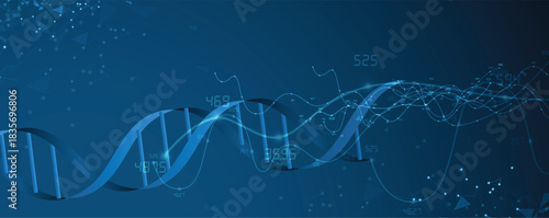 Molecule futuristic technology and science background, DNA strands, connected neural web