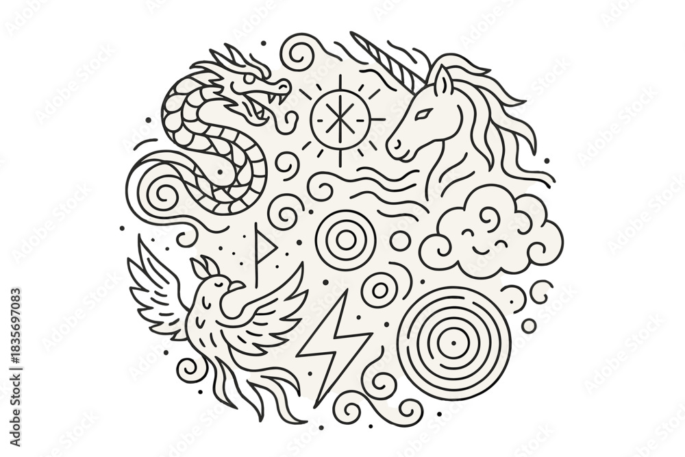 Fototapeta premium Mythic Energy Icons. Line style vector icons of Wired Tales: mythic beasts, energy flows, glowing runes, cloud spirits, lightning