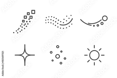 Luminous Particle Icons. Line style icons of Binary Particles: luminous pixel drift, curved dust wave, glowing trace, soft spark,