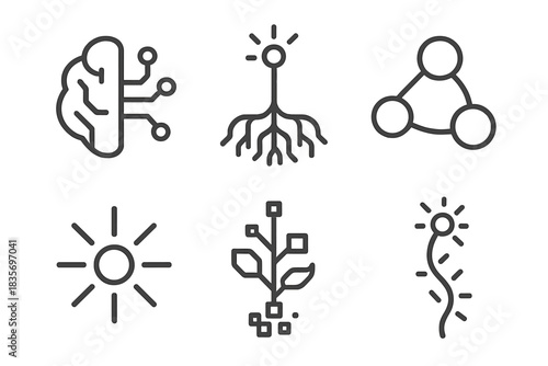 Cyber Organism Icons. Line style icons of Cyber Organism: neural circuit, glowing root, curved node, radiant pulse, pixel stem,
