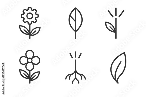 Mechanical Garden Icons. Line style icons of Mechanical Garden: blooming gear, metallic leaf, radiant stem, chrome flower, glowing