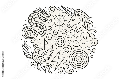 Mythic Energy Icons. Line style vector icons of Wired Tales: mythic beasts, energy flows, glowing runes, cloud spirits, lightning