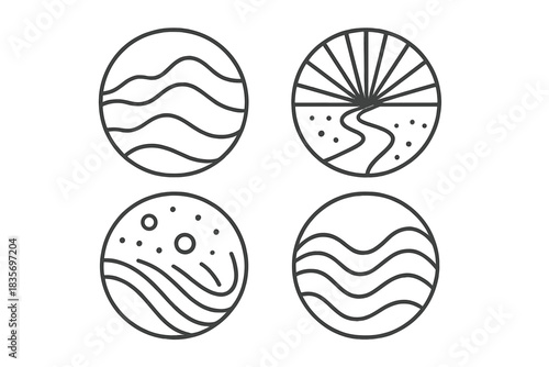 Inner Landscape Icons. Line style vector icons of Inner Landscape: layered forms, curved topography, radiant paths, glowing