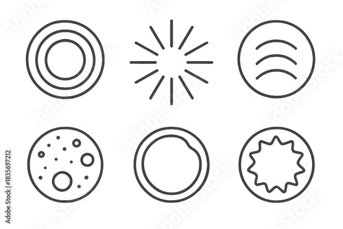 Sacred Neon Icons. Line style vector icons of Sacred Neon: radiant loops, glowing beams, curved light, circular glow, flowing dust