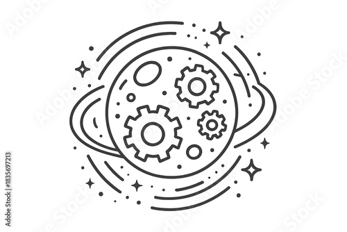 Lunar Machinery Icons. Line style vector icons of Lunar Machinery: moon gears, glowing rings, curved lines, radiant dust, soft