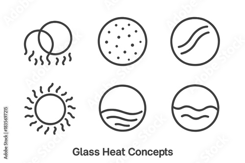 Glass Heat Icons. Line style vector icons of Glass Heat: melting circles, glowing dust, curved reflections, radiant waves, soft