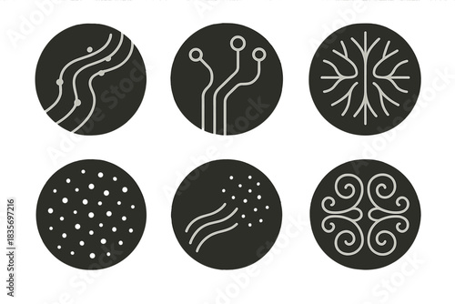 Electric Ink Elegance. Line style vector icons of Electric Ink: glowing streams, curved circuits, neural energy, radiant dots, ink
