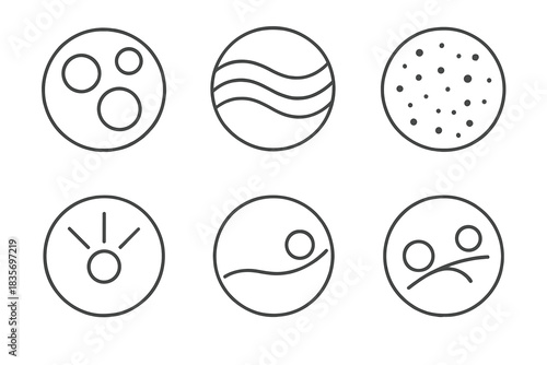 Soft Gravity Icons. Line style vector icons of Soft Gravity: floating circles, curved waves, glowing dust, radiant pull, smooth