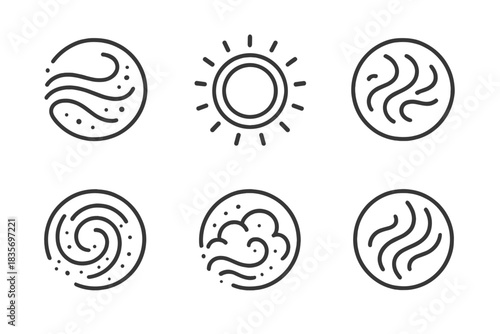 Echo Smoke Icons. Line style vector icons of Echo Smoke: curved trails, glowing rings, drifting dust, vapor waves, soft motion,