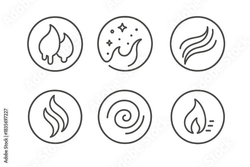 Faded Flame Icons. Line style vector icons of Faded Flame: melting circles, glowing dust, curved flow, vapor light, soft motion,