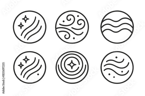 Whispering Scent Icons. Line style vector icons of Whisper Scent: curved trails, glowing dust, air waves, luminous rhythm, soft