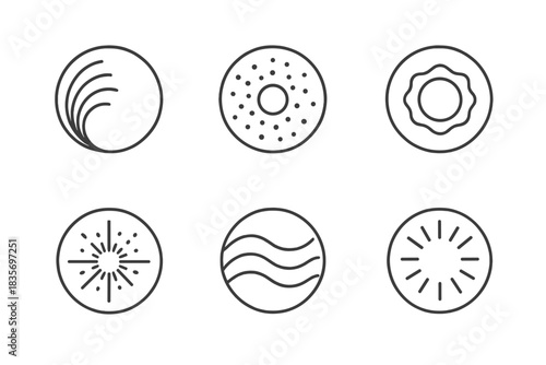 Collapsed Light Icons. Line style vector icons of Collapsed Light: curved motion, fading particles, hollow energy, glowing dust,