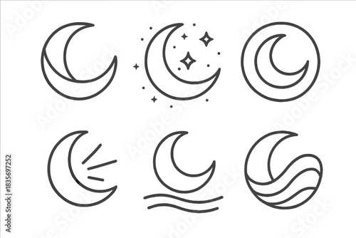 Lunar Fold Icons. Line style vector icons of Lunar Folds: paper curves, glowing dust, radiant circles, soft beams, floating motion