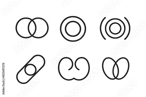 Shared Silence Icons. Line style round vector icons of Shared Silence: joined orbs, soft vibration, dual circle, harmonic calm,
