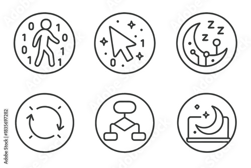 Sleepwalking Code Icons. Line style round vector icons of Sleepwalking Codes: drifting binary, floating cursor, dreaming circuit,