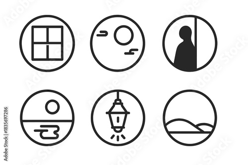 Forgotten Nights Icons. Line style round vector icons of Forgotten Nights: dim window, blurred moon, quiet shadow, lost reflection
