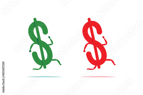 Green and red dollar symbols representing finance, money exchange, currency value, and economic comparison.