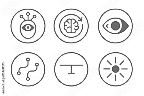Lucid Circuit Icons. Line style round vector icons of Lucid Circuits: aware machine, conscious loop, blinking code eye, gentle