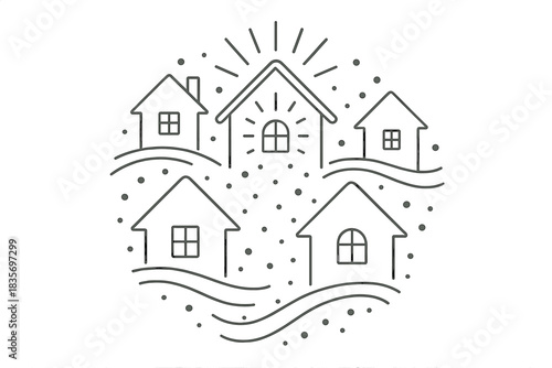 Radiant Homes Icons. Line style vector icons of Homes Made of Light: glowing houses, curved beams, radiant windows, soft dust,