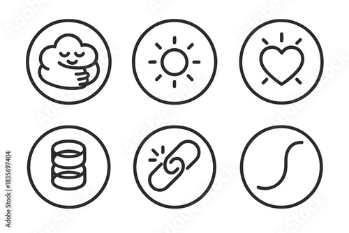 Virtual Warmth Icons. Line style round vector icons of Virtual Warmth: cloud hug, radiant pulse, luminous heart, data thread,