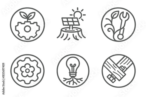 Organic Industry Icons. Line style round vector icons of Organic Industry: plant gear, solar wood, mechanical vine, soft cog,