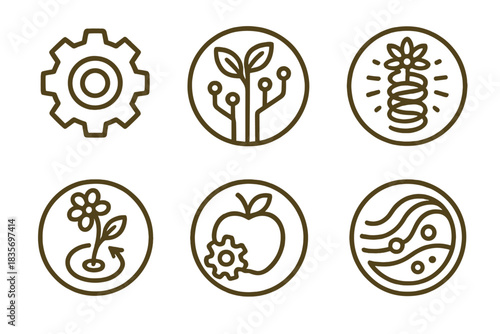 Mechanical Paradise Icons. Line style round vector icons of Mechanical Paradise: golden cog, lush circuit, radiant spring,