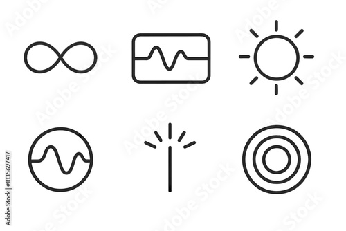 Static Peace Icons. Line style round vector icons of Static Peace: balanced loop, frozen current, glowing ring, smooth pulse,