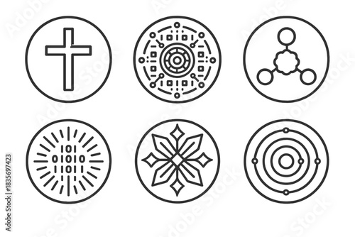 Digital Divinity Icons. Line style round vector icons of Digital Divinity: luminous cross, data mandala, sacred node, coded light,