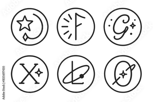 Celestial Vector Icons. Line style round vector icons of Celestial Letters: star curve, glowing rune, airy phrase, cosmic mark,