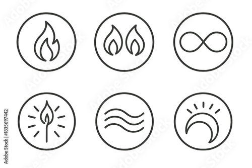Eternal and Parallel Glow. Line style round vector icons of Eternal Lights: endless flame, twin glow, luminous loop, radiant beam,