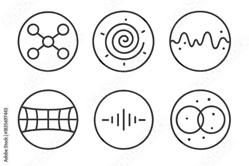Quantum Prayer Icons. Line style round vector icons of Quantum Prayers: entangled nodes, glowing spiral, sacred frequency,