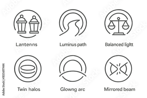 Dual Glow Lanterns. Line style round vector icons of Dual Glow: paired lanterns, luminous path, balanced light, twin halos,