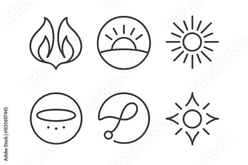 Symmetric Illumination Icons. Line style round vector icons of Symmetric Illumination: mirrored flame, curved glow, radiant