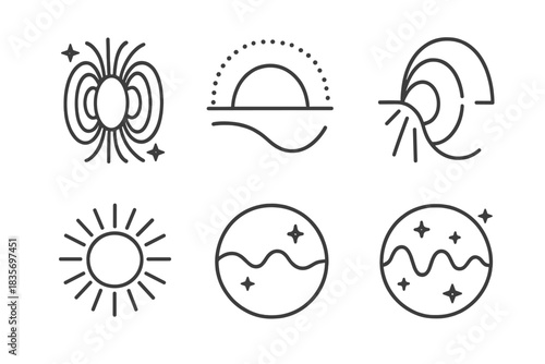 Magnetic Field Icons. Line style round vector icons of Magnetic Horizon: glowing field, polar curve, radiant beam, charged edge,