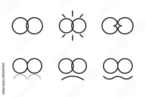 Radiant Twin Circles. Line style round vector icons of Radiant Pairs: twin circles, glowing connection, balanced flare, soft