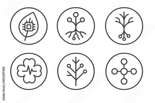 Organic Circuit Icons. Line style round vector icons of Organic Circuits: leaf chip, neural root, electric vein, pulse flower,