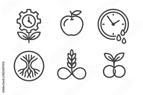 Time Harvest Icons. Line style round vector icons of Time Harvest: ripe gear, golden fruit, falling seconds, woven roots, looped