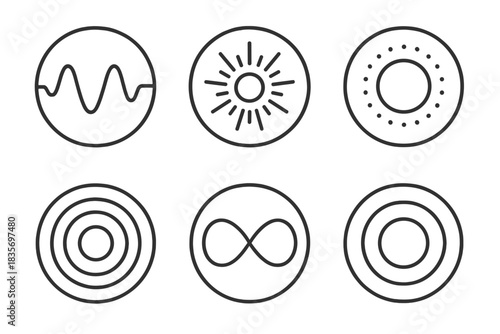 Luminous Frequency Icons. Line style round vector icons of Luminous Frequency: oscillating line, bright pattern, glowing tone,