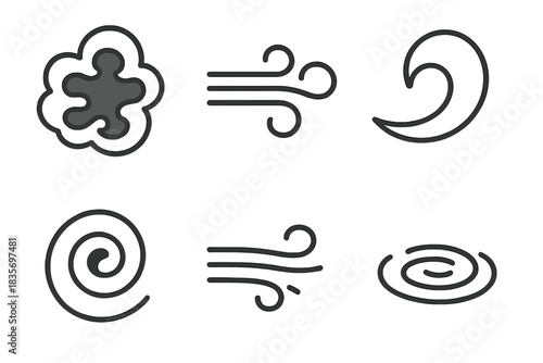 Shadow Air Icons. Line style round vector icons of Shadow Air: dark mist, dim flow, hollow gust, shaded spiral, empty breath,