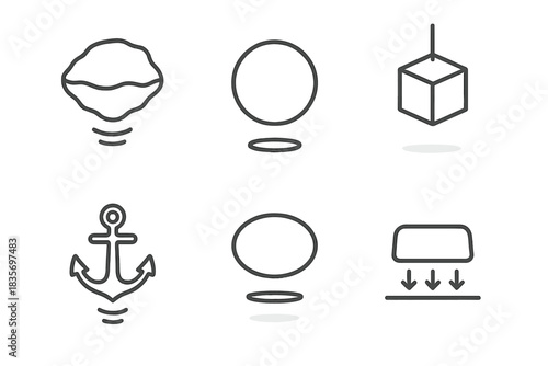 Invisible Weight Icons. Line style round vector icons of Invisible Weight: floating stone, balanced sphere, suspended cube, light