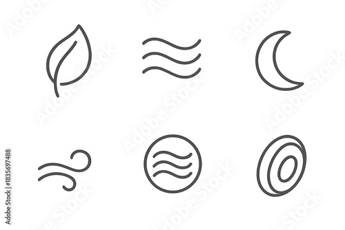 Metallic Spirit Icons. Line style round vector icons of Metallic Spirit: chrome leaf, reflective wind, polished curve, breathing